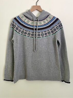 Tabitha Webb Anthro Gray Fair Isle Pullover Hoodie Sweater with Blue Accents